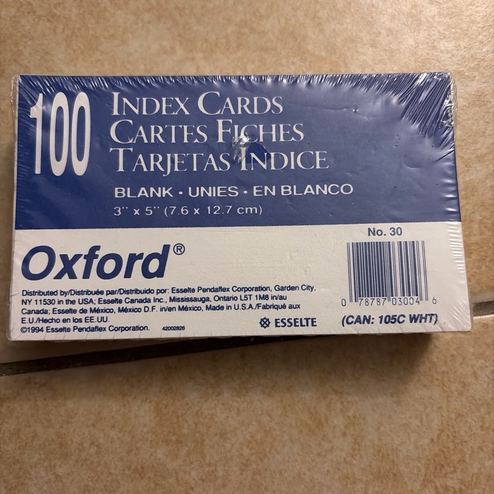Oxford Blank Index Cards 3x5 - 100 Count (New & Sealed)